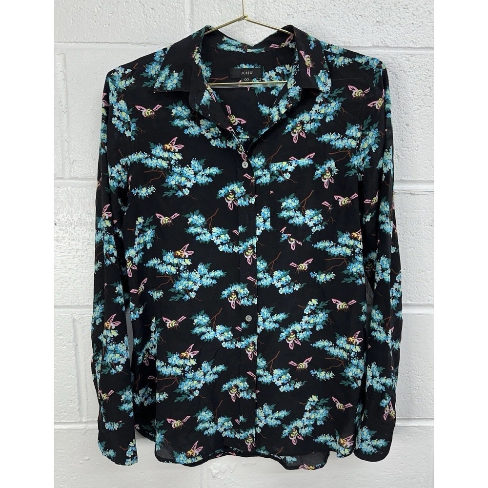 J.Crew Button Front Boy Shirt Black Botanical‎ Bees Silk / Women's 00